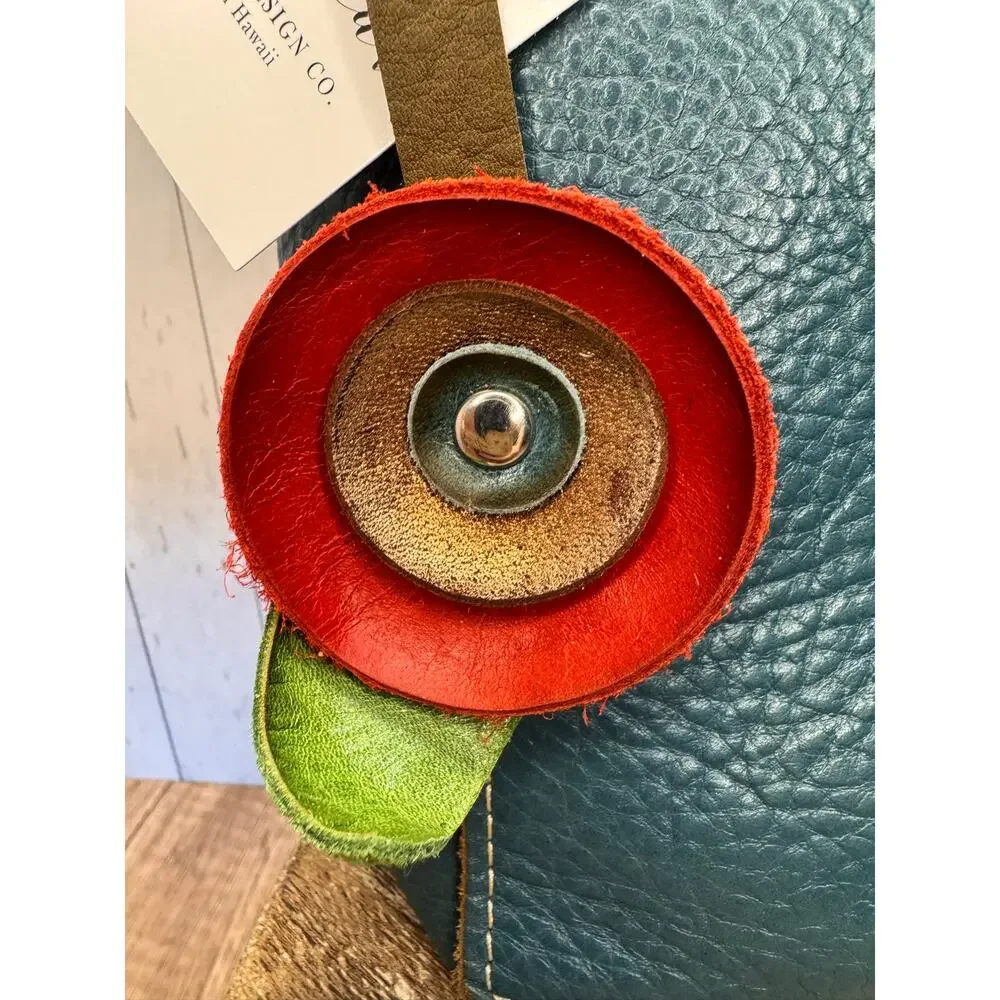 Genuine Leather Round Flower Purse Charm Red Gold Blue Flower Boho Bag Charm